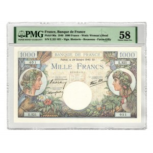 France 1000 Francs 1940 PMG 58