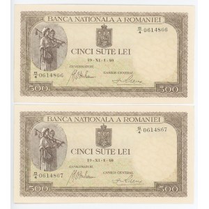 Romania 2 x 500 Lei 1940 With Consecutive Numbers