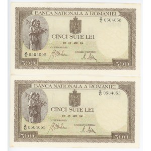 Romania 2 x 500 Lei 1942 With Consecutive Numbers