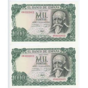 Spain 2 x 1000 Pesetas 1974 (1971) With Consecutive Numbers