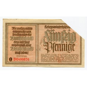 Germany - Third Reich Winterhilfswerk 50 Pfennige 1939 - 1940 (ND) Cancelled note