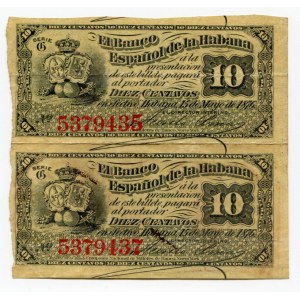 Cuba 2 x 10 Centavos 1876 Uncutted Sheet of Notes