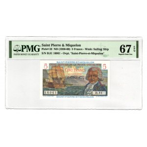 Saint Pierre & Miquelon 5 Francs 1950 PMG 67 EPQ