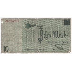 Zehn Mark - Getto Łódź, 10 Marek 15 Mai 1940. - 7,4 × 14,8 cm, numer 084761. Banknot z śladami złożenia...