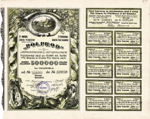 „POLPROD” Zakłady Przemysłowe, akcja Em. 2, 50×10 000 marek 1923. Arkusz 29 × 36 cm, złożony. Niesygnowany...
