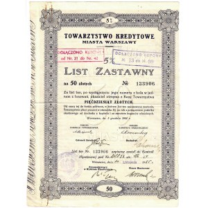 TOWARZYSTWO Kredytowe miasta Warszawy. 5% List zastawny na 50 złotych […] Warszawa, dn. 5 grudnia 1924 r...