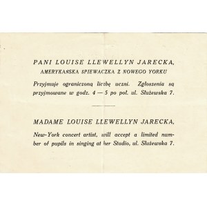 LLEWELLYN JARECKA Louise (1880-1954). Karta pocztowa z ogłoszeniem naboru do nauki śpiewu...