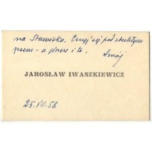 Jarosław Iwaszkiewicz (1894-1980) - pisarz, poeta, Odręczny liścik pisarza, zaczynający się na rewersie...