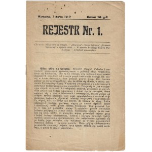REJESTR Nr. 1. Warszawa, [Polska Organizacja Wojskowa], 7 marca 1917. - 7 s., 23 × 15,5 cm, bez opr., egz...