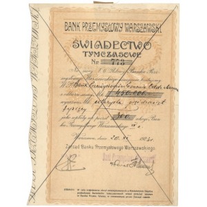 Bank Przemysłowy Warszawski - Świadectwo Tymczasowe, 1923r