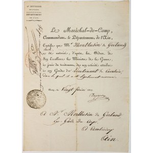 ZAŚWIADCZENIE MARSZAŁKA POLNEGO, KOMENDANTA DEPARTAMENTU AIN, Bourg-en-Bresse, 20.02.1817