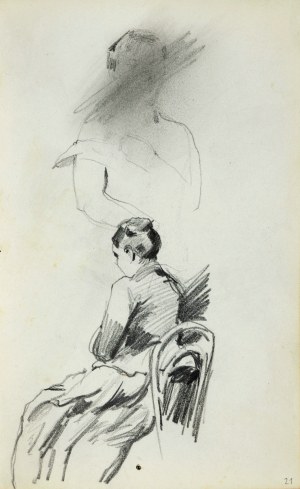 Stanisław KACZOR BATOWSKI (1866-1945), Kobieta w długiej sukni siedząca na krześle ukazana z lewego tyłu wyżej nieukończony, zakreślony przez artystę szkic popiersia kobiety