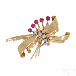 A brooch modelled as a stylised bunch of flowers and a ribbon, 1970s