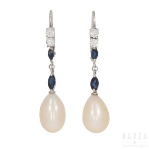 A pair of pearl and sapphire drop earrings, Italy, 20th century