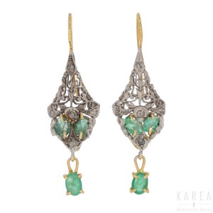 A pair of emerald set drop earrings, 20th century