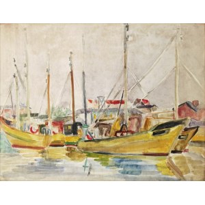 Malarz nieokreślony, XX w. , Pejzaż z łódkami, 1966