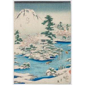 Hiroshige II (1826-1869) oraz Toyokuni III (1786-1865), Książę Genji oglądający górę Fuji w śniegu, 1859