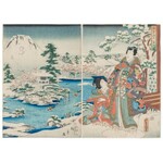Hiroshige II (1826-1869) oraz Toyokuni III (1786-1865), Książę Genji oglądający górę Fuji w śniegu, 1859