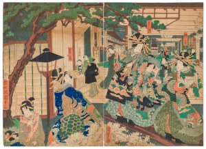 Utagawa Kunisada (1786-1865), Scena nocna w Yoshiwara, słynnej dzielnicy czerwonych latarni w Edo (Tokio), poł. XIX w.