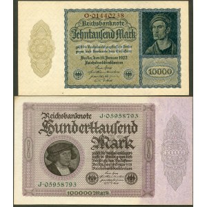 Zestaw banknotów, Niemcy, 100.000 marek 1923, 10.000 marek 1923 (mały rozmiar)