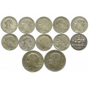 Zestaw II RP, 2, 5 złotych 1932-34 Głowa Kobiety, 2 złote 1934 Józef Piłsudski, 2 złote 1936 Żaglowiec 1936 (12szt.)