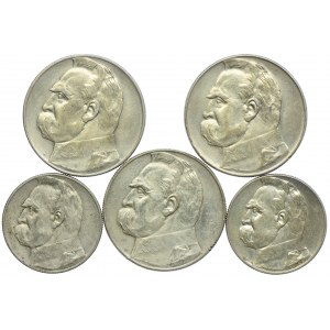 10 złotych 1935-37 Józef Piłsudski, 5 złotych 1935-36 Józef Piłsudski (5szt.)