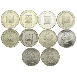 200 złotych 1974 XXX lat PRL, 200 złotych 1976 Olimpiada, 200 złotych 1975 Żołnierze, 200 złotych 1982 Jan Paweł II (10szt.)