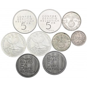 Zestaw Niemcy, Szwajcaria, 10 marek 1987 x2, 2 marki 1939, 2 marki 1938, 50 fenigów 1936, 5 franków 1979 x4 (9szt.)
