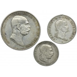 Austria, 5 koron 1908, 20 krajcarów 1834, 1 korona 1893 (3szt.)