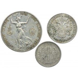 Austria, 5 koron 1908, 20 krajcarów 1834, 1 korona 1893 (3szt.)