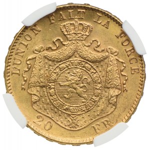 Belgia, 20 franków 1882, NGC MS63+