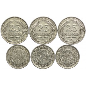 Niemcy, zestaw 25 fenigów 1910, 50 fenigów 1910-36 A, D (6szt.)