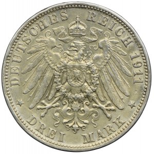 Niemcy, Wirtembergia, Wilhelm II, 3 marki 1911 F, Stuttgart