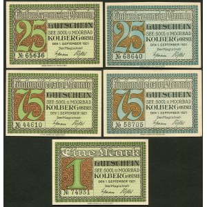 Zestaw notgeldów, Kołobrzeg 25, 75 fenigów, 1 marka 1921 (5szt.)