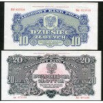 Emisja pamiątkowa banknotów emisji 1944 roku, odbitka z oryginalnych klisz w roku 1974, 50 groszy, 1, 2, 5, 10, 20 złotych (6 szt.)