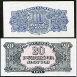 Emisja pamiątkowa banknotów emisji 1944 roku, odbitka z oryginalnych klisz w roku 1974, 50 groszy, 1, 2, 5, 10, 20 złotych (6 szt.)