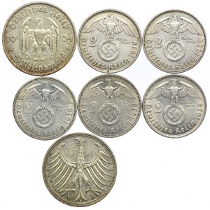 Niemcy, 5 marek 1934, 5 marek 1967, 2 marki Hindenburg (7szt.)