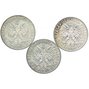 Zestaw monet II RP, 10 złotych 1932-33, Głowa Kobiety, (3szt.)
