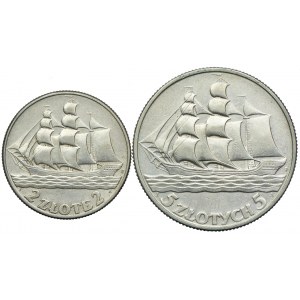 Zestaw monet II RP, 2 złote, 5 złotych 1936, Żaglowiec