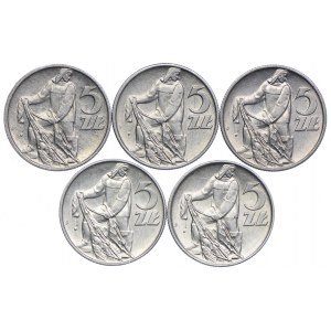 5 złotych 1959-1973 Rybak, (5szt.)