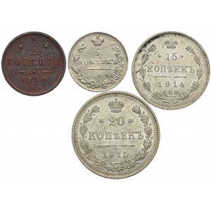 Satz, Russland, Nikolaus I., Nikolaus II., 1/2 Kopeke 1910 СПБ, 5 Kopeken 1831 СПБ-НГ, 15 Kopeken 1914 СПБ-BC, 20 Kopeken 1915 BC (4 Stück).