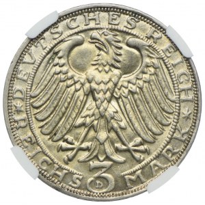 Niemcy, Republika Weimarska, 3 marki 1928 D, Monachium, NGC MS64