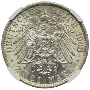Niemcy, Prusy, Wilhelm II, 2 marki 1908 A, Berlin, NGC MS62