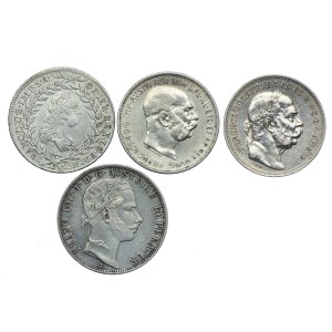 Austro-Węgry, zestaw 20 krajcarów, 1 floren, 2 korony 1765-1912 (4 szt.)