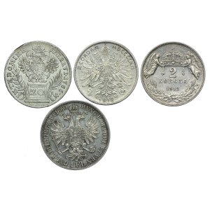 Austro-Węgry, zestaw 20 krajcarów, 1 floren, 2 korony 1765-1912 (4 szt.)