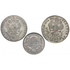 Austria, zestaw 20 krajcarów 1790, 1775, 1 korona 1893 (3 szt.)