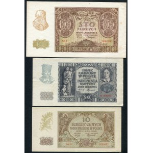 Zestaw 10, 20, 100 złotych 1940