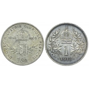 Austria, Franciszek Józef I, 1 korona 1908 (60-lecie panowania), 1913 (2szt.)