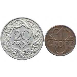 Zestaw II RP, 20 groszy 1923, 1 grosz 1931 (2szt.)