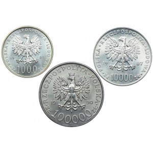 Set, 1,000, 10,000zl John Paul II 1982-87, 100,000zl Solidarity 1990 Type A (3pcs).